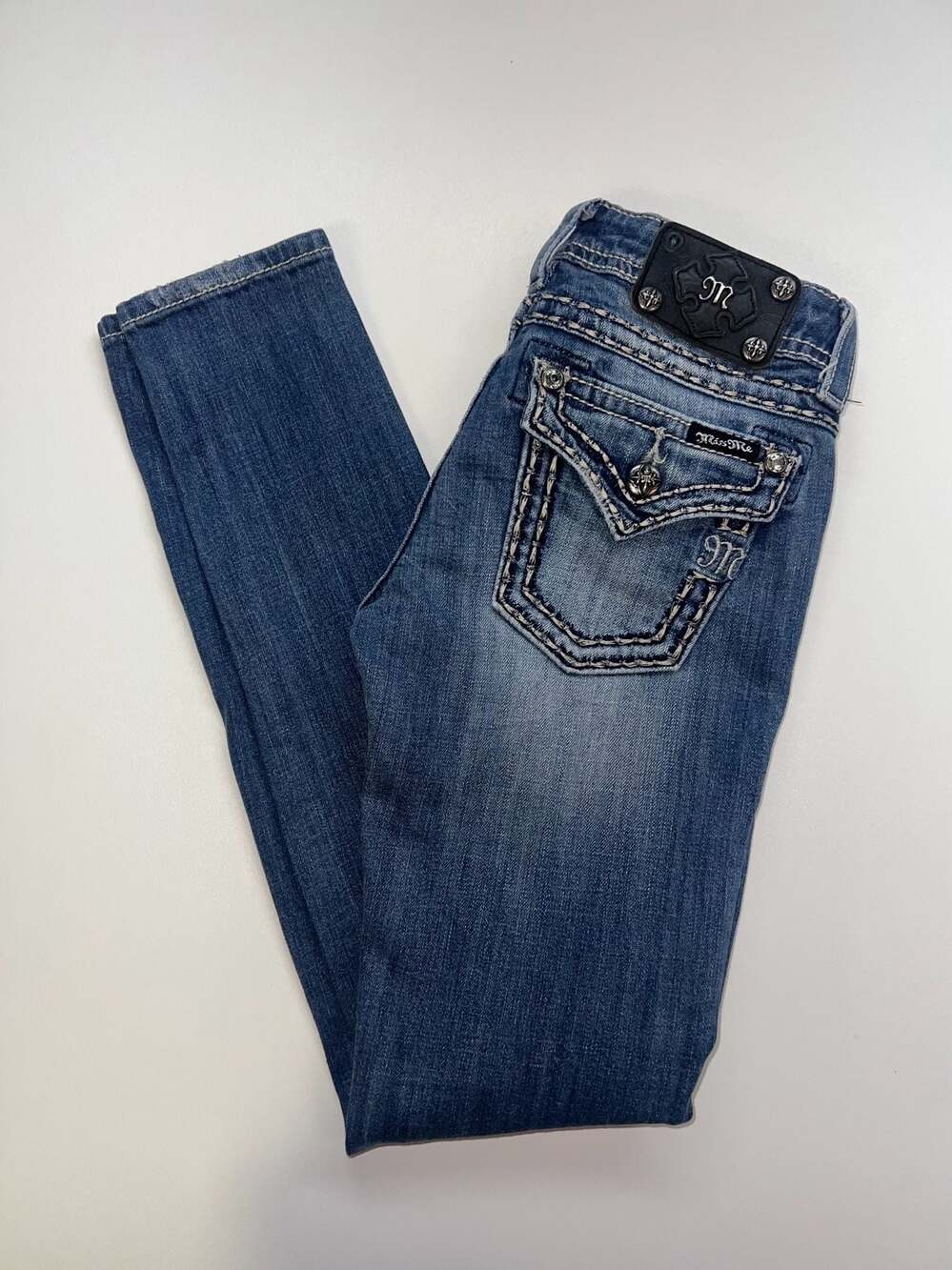 Miss Me Skinny Jeans Womens 26 Blue Distressed Flap Pocket Rhinestone Y2K 0519